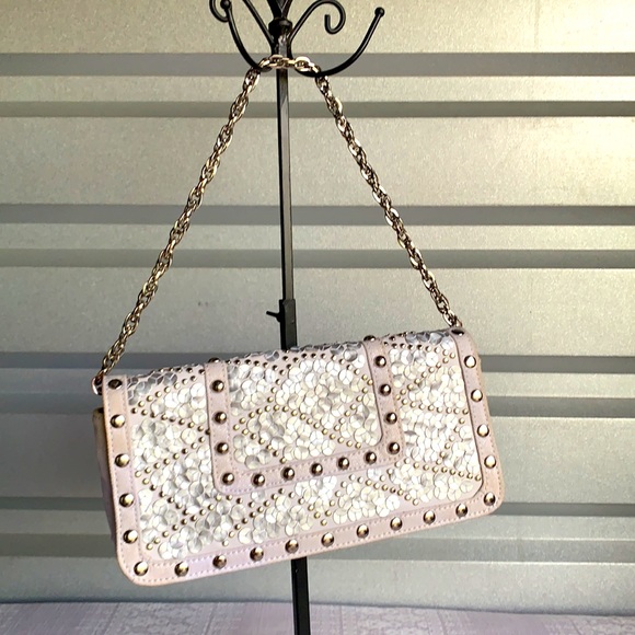 White House Black Market white silver studded purse chain link floral clutch